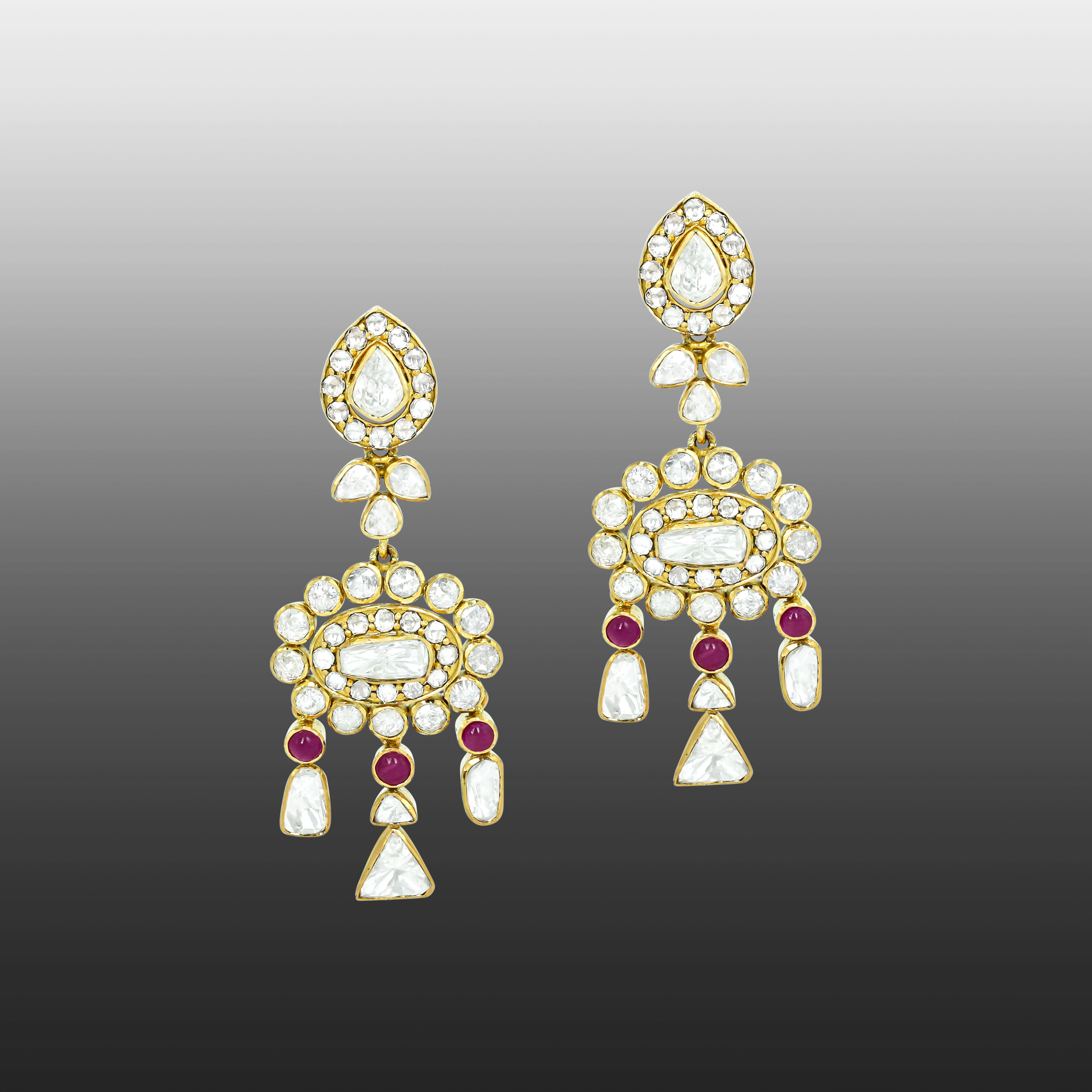 Polki Earrings with Ruby Accents and Dangling Drops